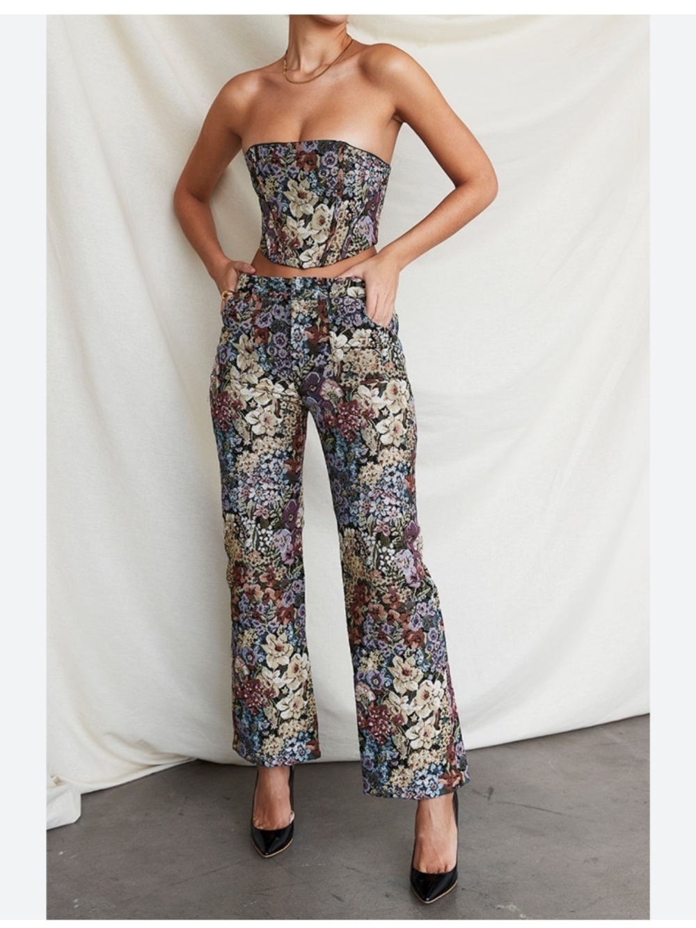 House Of CB Mistress Rocks Spectrum Floral Brocade Wide Leg Trousers L